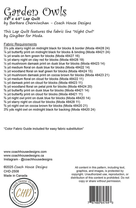 Back of the Garden Owls Quilt Pattern by Coach House Designs