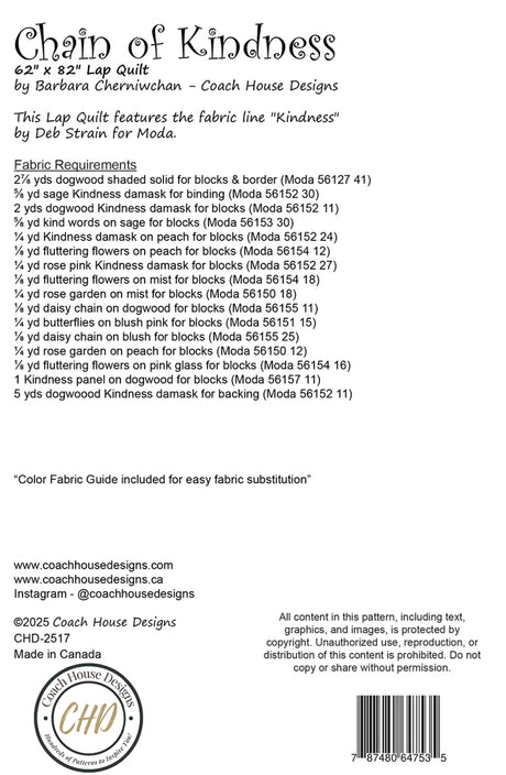 Back of the Chain of Kindness Quilt Pattern by Coach House Designs