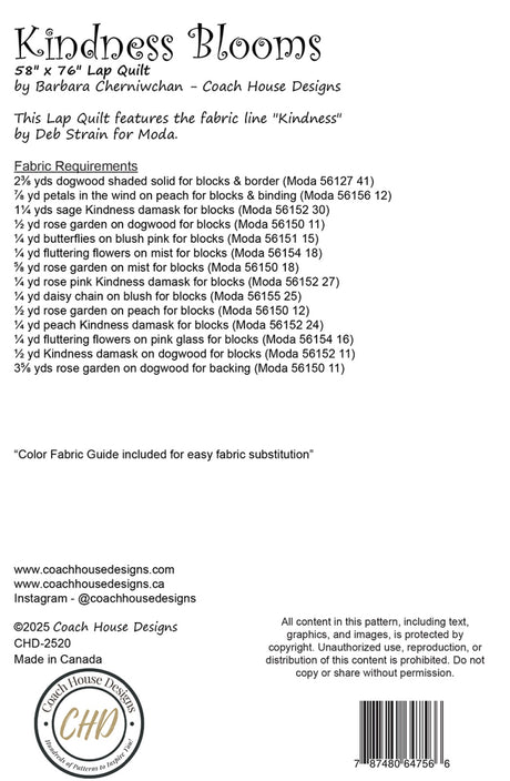 Back of the Kindness Blooms Quilt Pattern by Coach House Designs