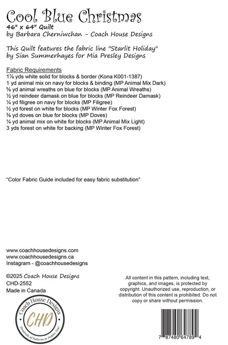 Back of the Cool Blue Christmas Quilt Pattern by Coach House Designs