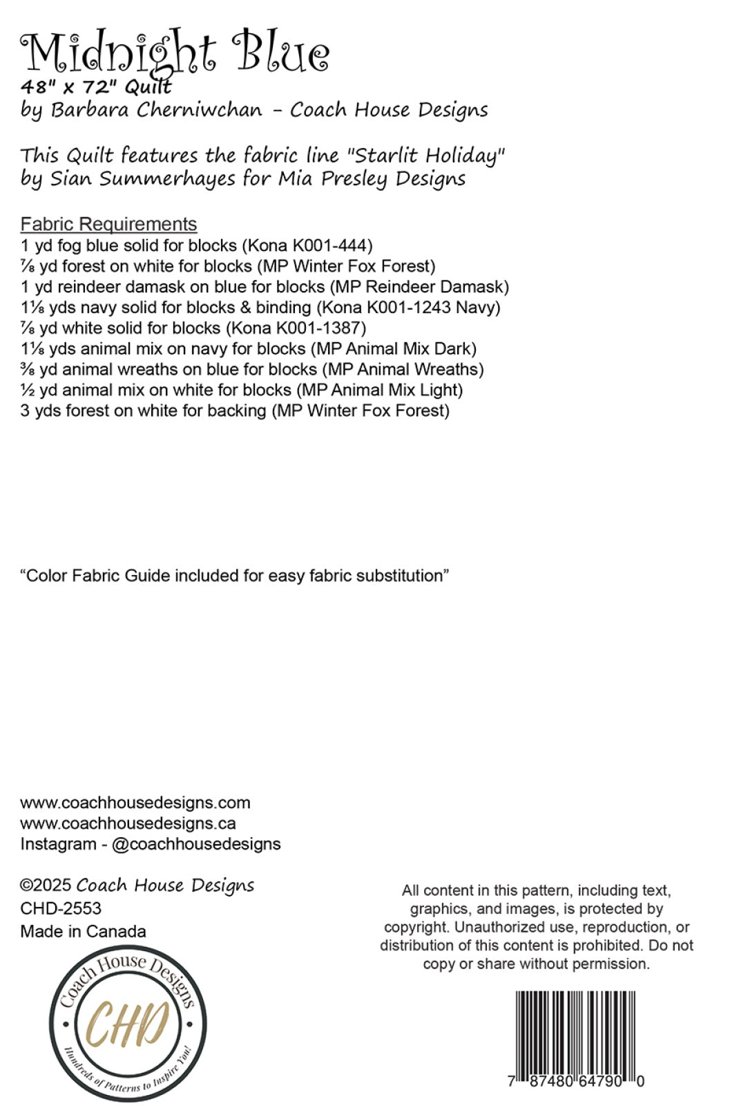 Back of the Midnight Blue Quilt Pattern by Coach House Designs