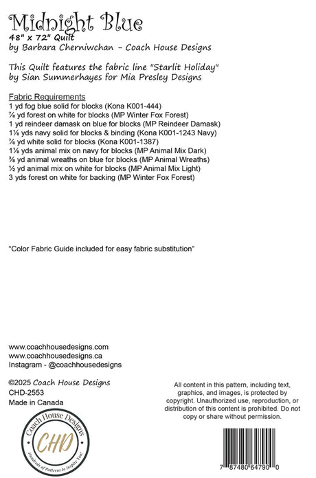 Back of the Midnight Blue Quilt Pattern by Coach House Designs