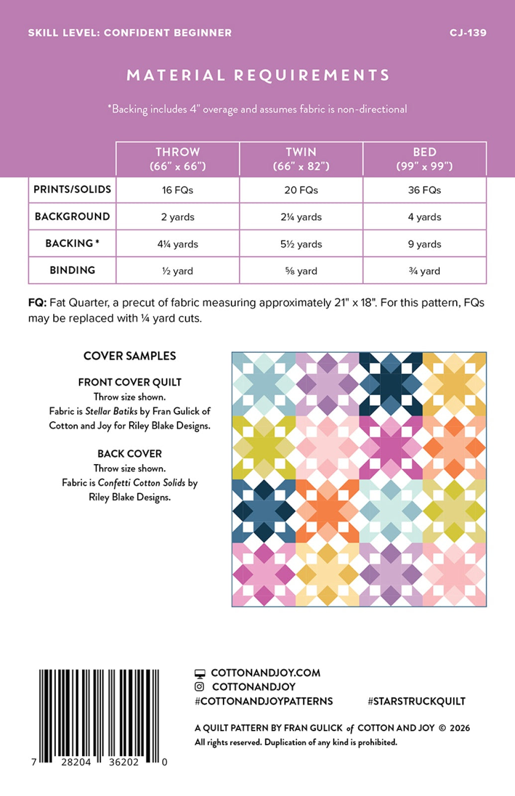 Back of the Star Struck Quilt Pattern by Cotton and Joy