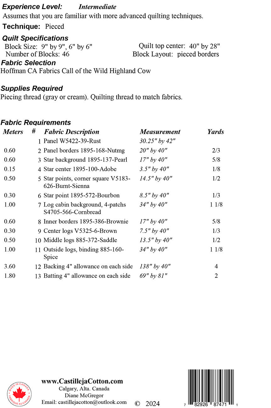 Back of the Starry Highland Cow Quilt Pattern by Castilleja Cotton