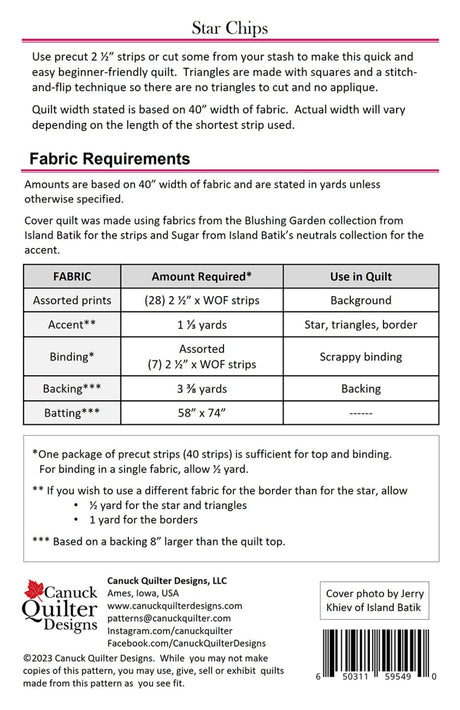 Back of the Star Chips Quilt Pattern by Canuck Quilter Designs