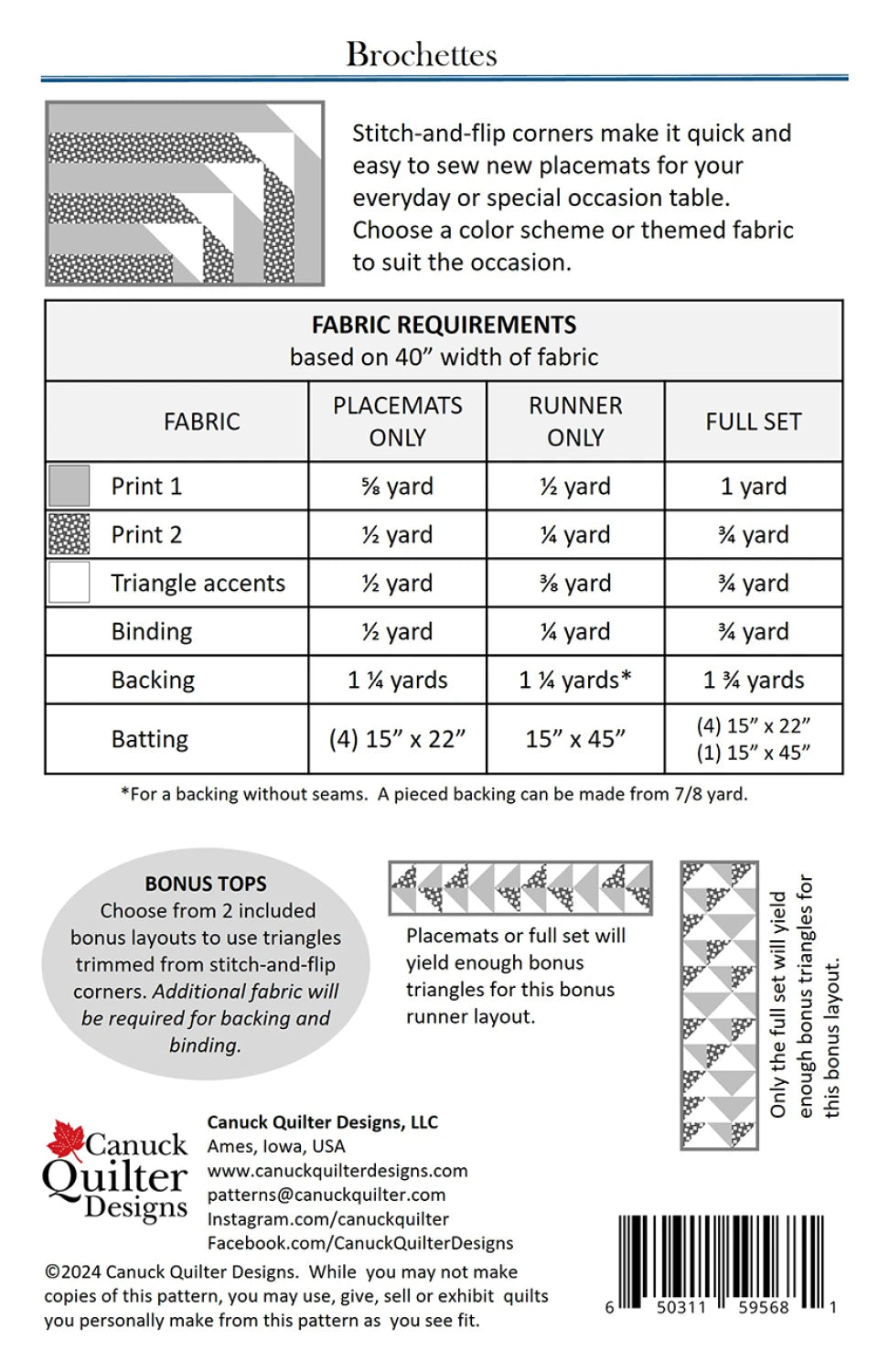 Back of the Brochettes Quilt Pattern by Canuck Quilter Designs