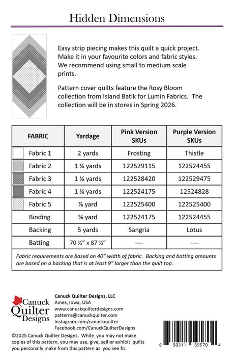 Back of the Hidden Dimensions Quilt Pattern by Canuck Quilter Designs