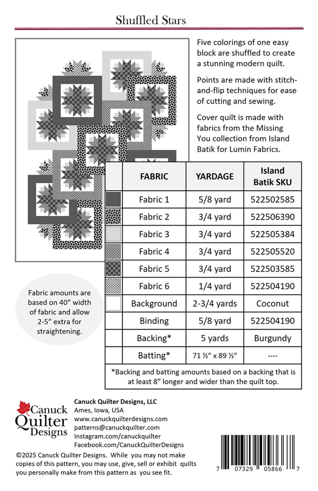 Back of the Shuffled Stars Quilt Pattern by Canuck Quilter Designs