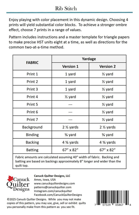 Back of the Rib Stitch Quilt Pattern by Canuck Quilter Designs