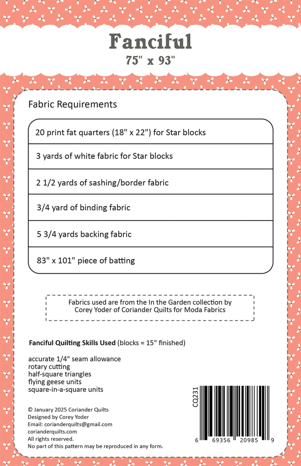 Back of the Fanciful Quilt Pattern by Coriander Quilts