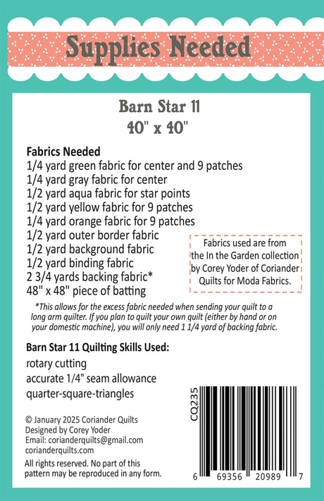 Back of the Barn Star 11 Quilt Pattern by Coriander Quilts
