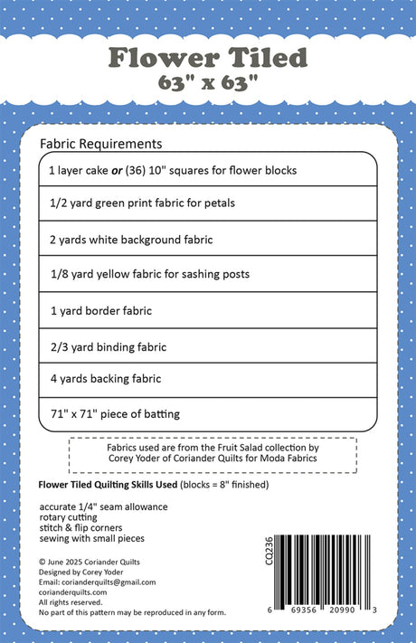Back of the Flower Tiled Quilt Pattern by Coriander Quilts