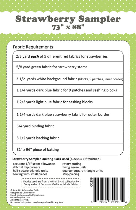 Back of the Strawberry Sampler Quilt Pattern by Coriander Quilts