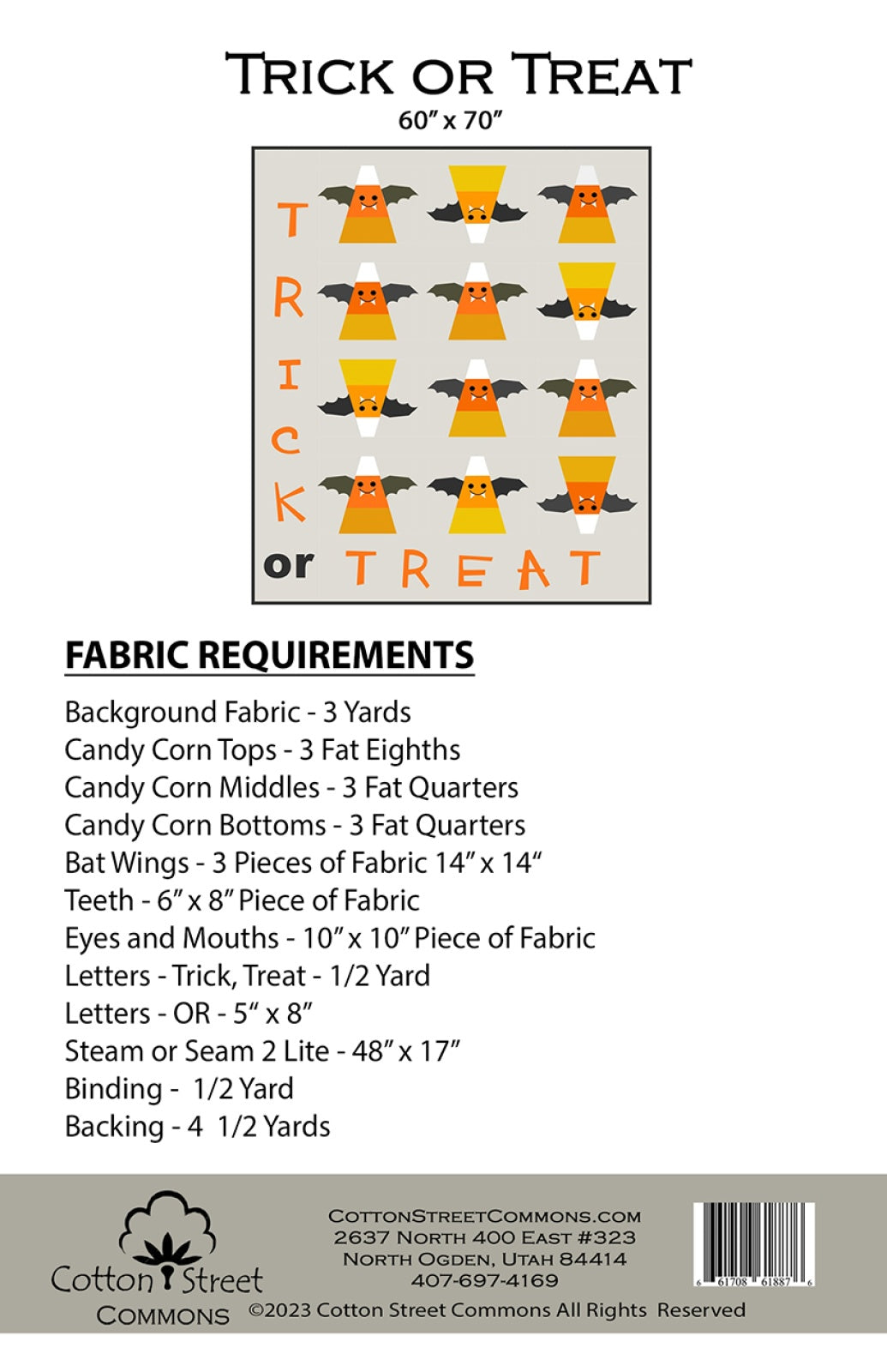 Back of Trick or Treat Quilt Pattern - Cotton Street Commons - 60" x 70"