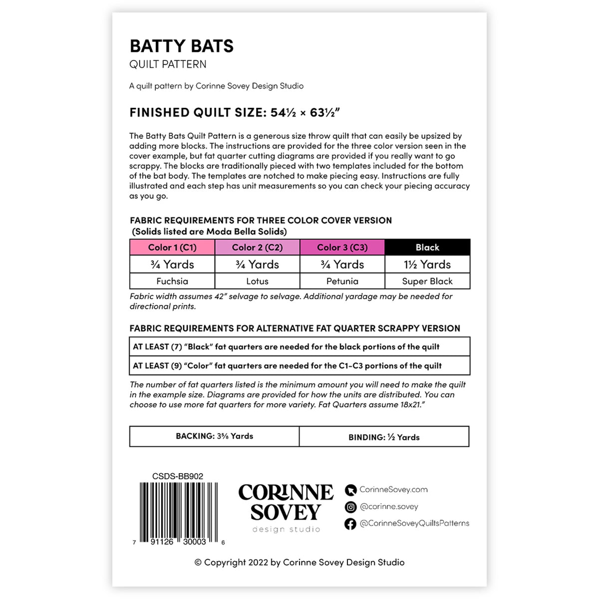 Back of the Batty Bats Quilt Pattern by Corinne Sovey Design Studio