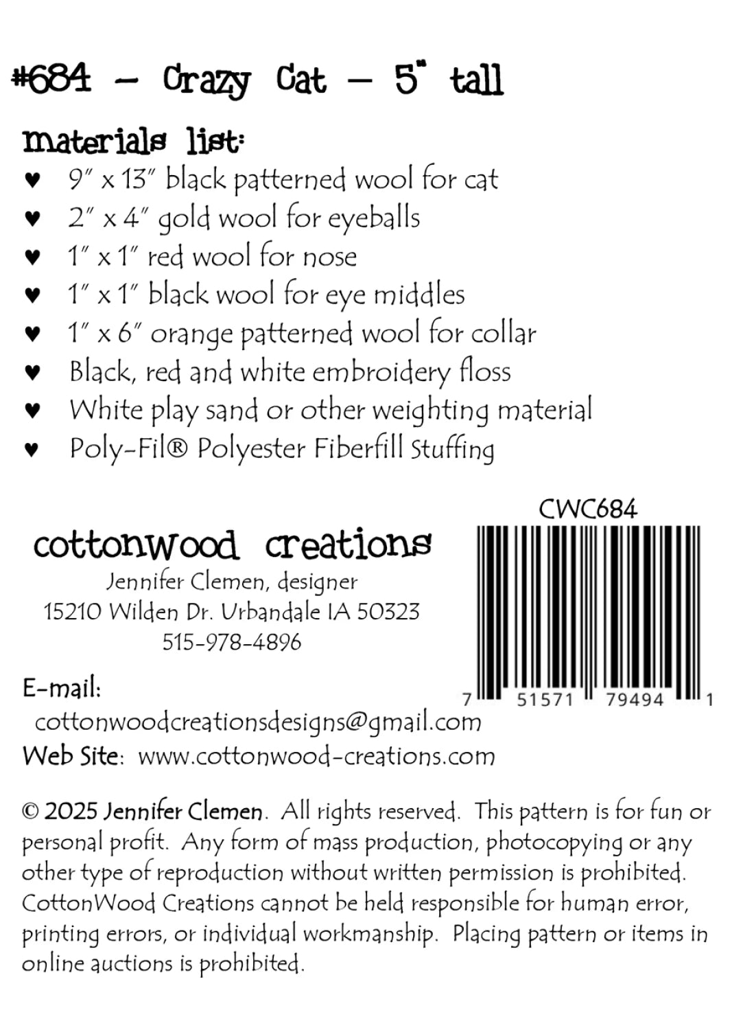 Back of the Crazy Cat by Cottonwood Creations