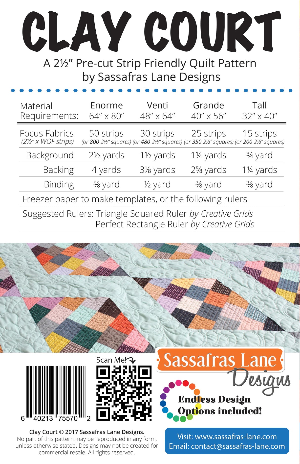 Back of the Clay Court Quilt Pattern by Sassafras Lane Designs