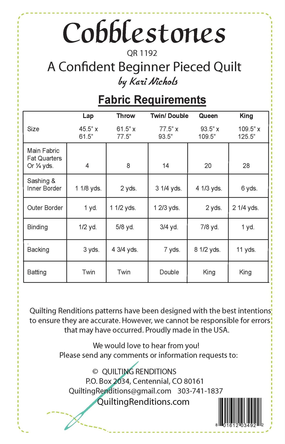 Back of the Cobblestones Pattern by Quilting Renditions