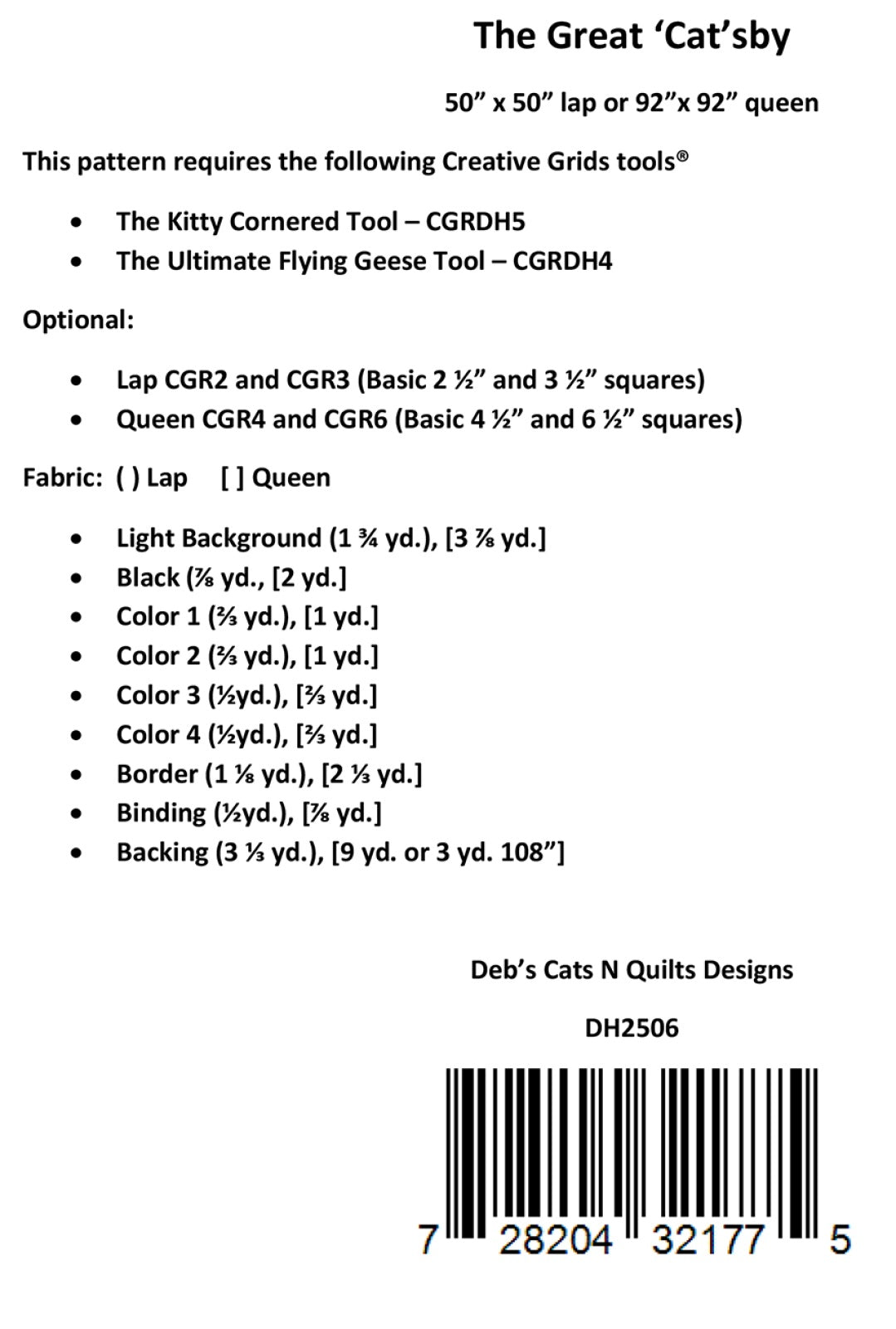 Back of the The Great 'Cat'sby Quilt Pattern by Deb's Cats N Quilts