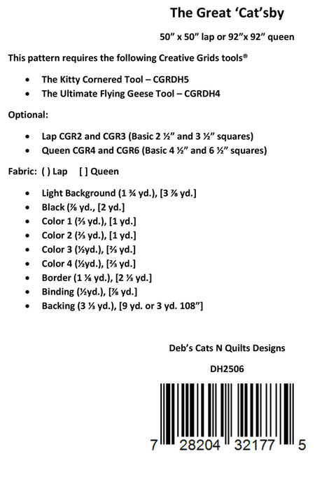Back of the The Great 'Cat'sby Quilt Pattern by Deb's Cats N Quilts