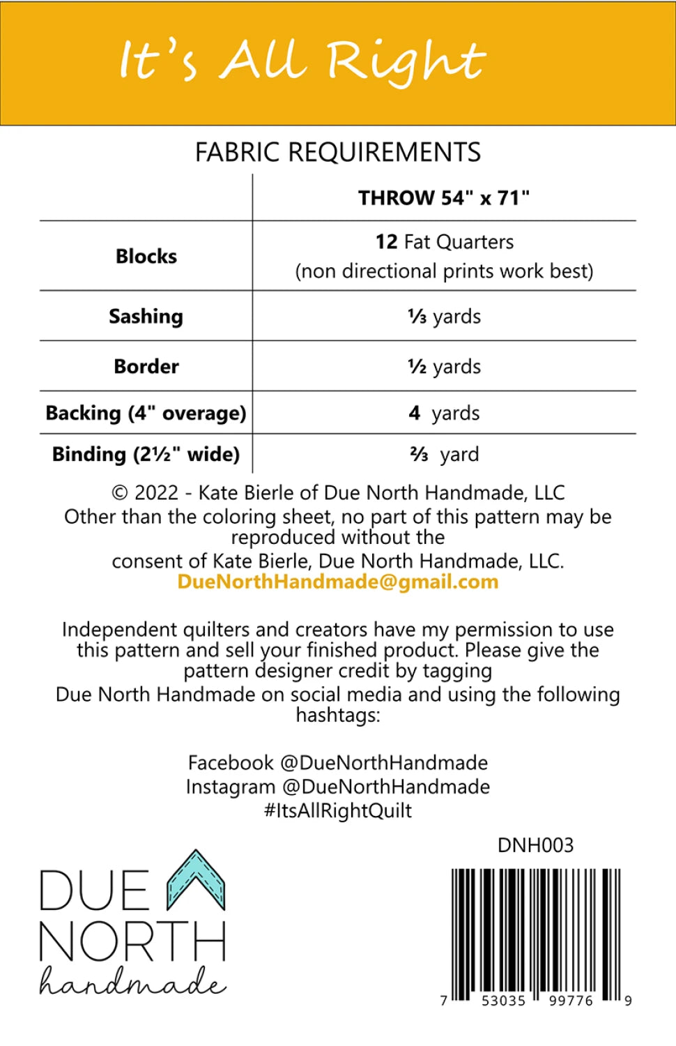 Back of the It's All Right Quilt Pattern by Due North Handmade LLC