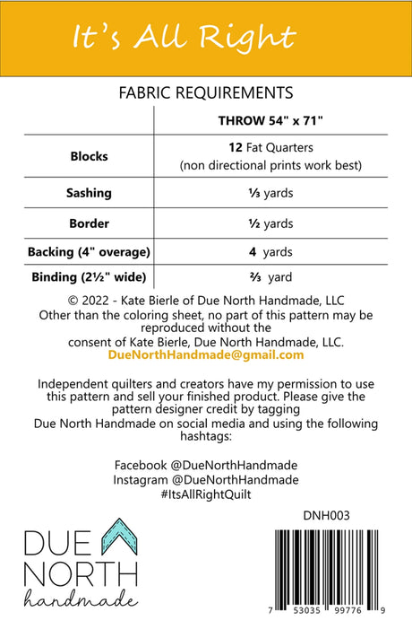 Back of the It's All Right Quilt Pattern by Due North Handmade LLC