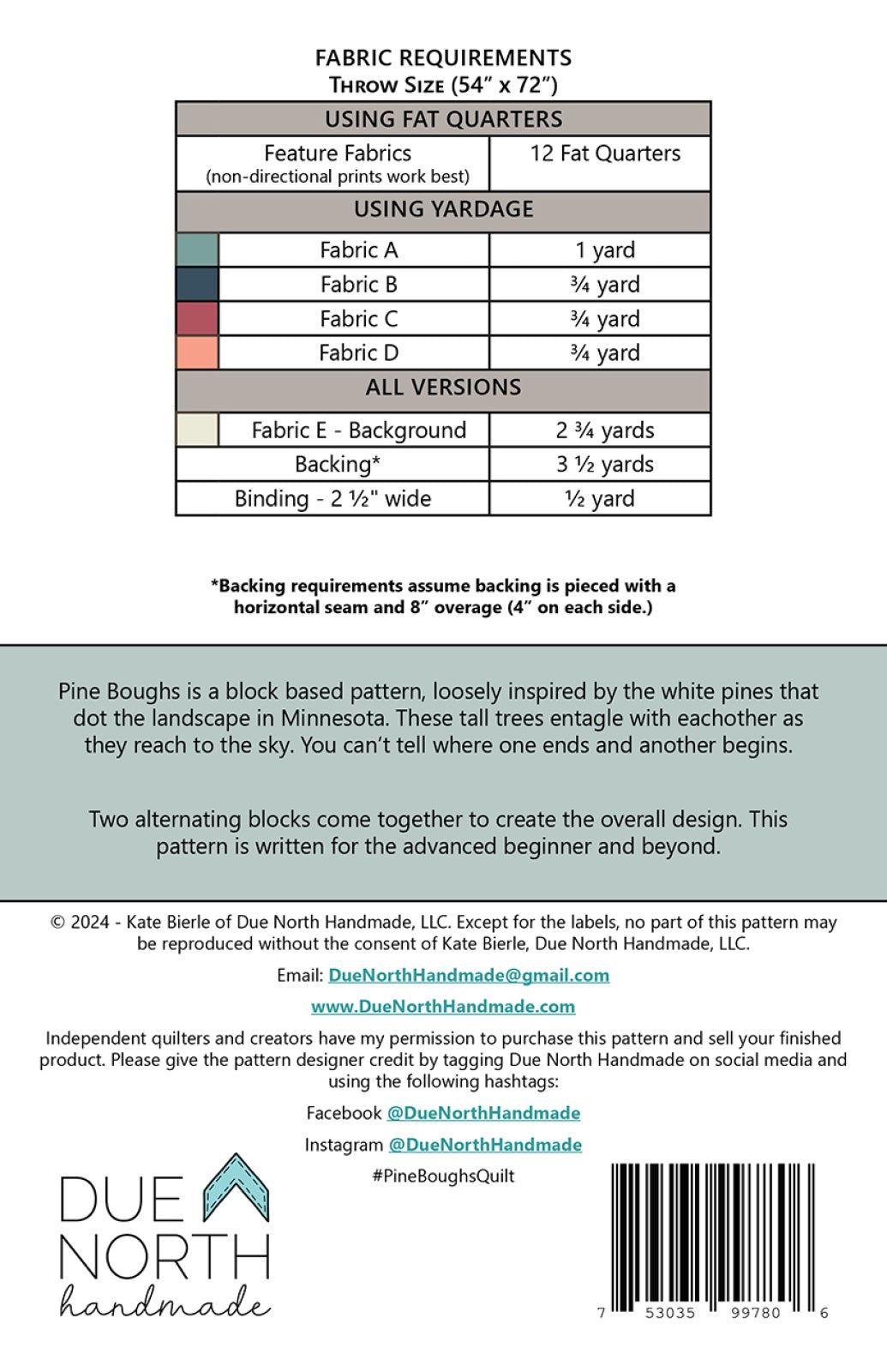 Back of the Pine Boughs Quilt Pattern by Due North Handmade LLC