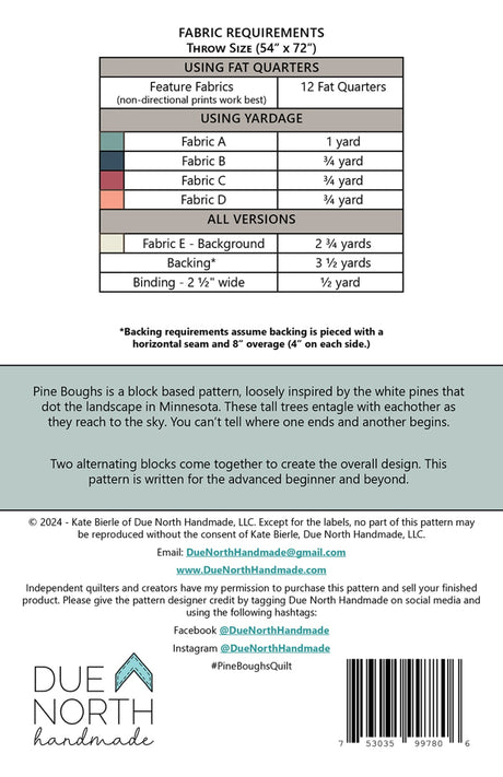 Back of the Pine Boughs Quilt Pattern by Due North Handmade LLC