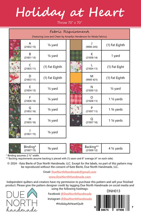 Back of the Holiday at Heart Quilt Pattern by Due North Handmade LLC