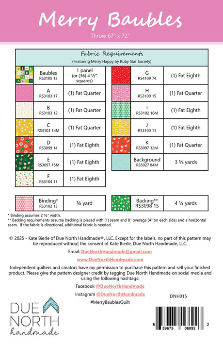 Back of the Merry Baubles Quilt Pattern by Due North Handmade LLC