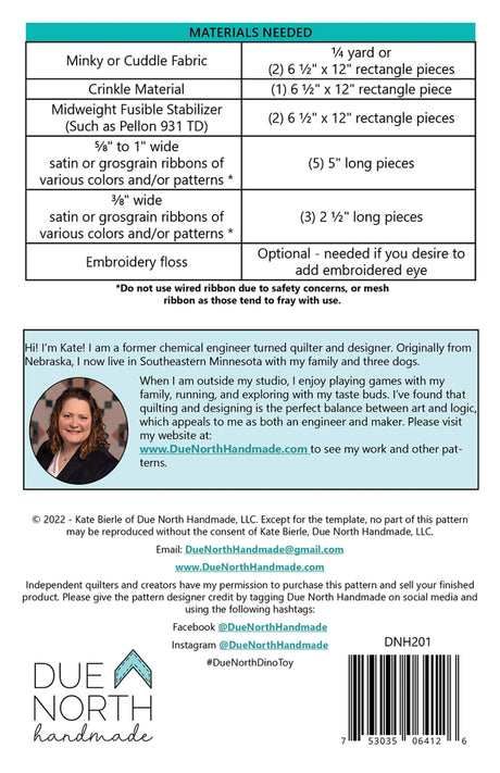 Back of the Dino Crinkle Toy Pattern by Due North Handmade LLC