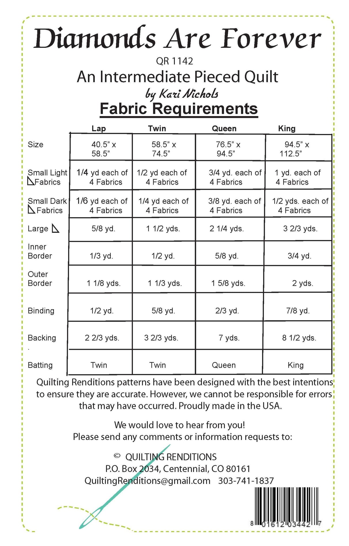 Back of the Diamonds Are Forever Pattern by Quilting Renditions