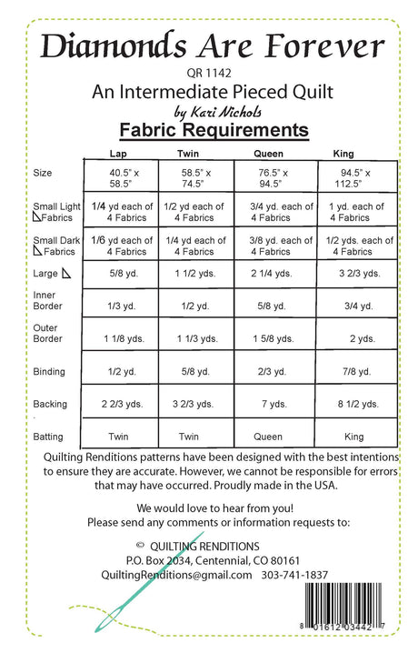 Back of the Diamonds Are Forever Pattern by Quilting Renditions