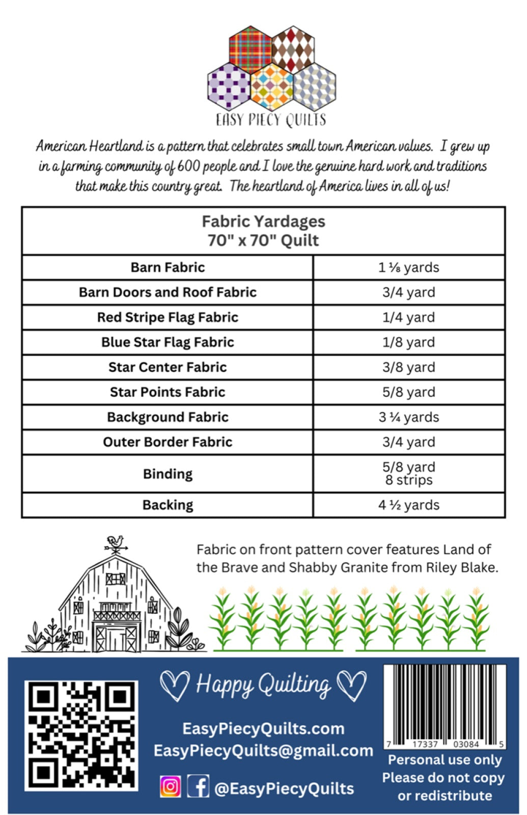 Back of the American Heartland Quilt Pattern by Easy Piecy Quilts LLC