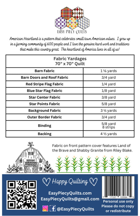 Back of the American Heartland Quilt Pattern by Easy Piecy Quilts LLC