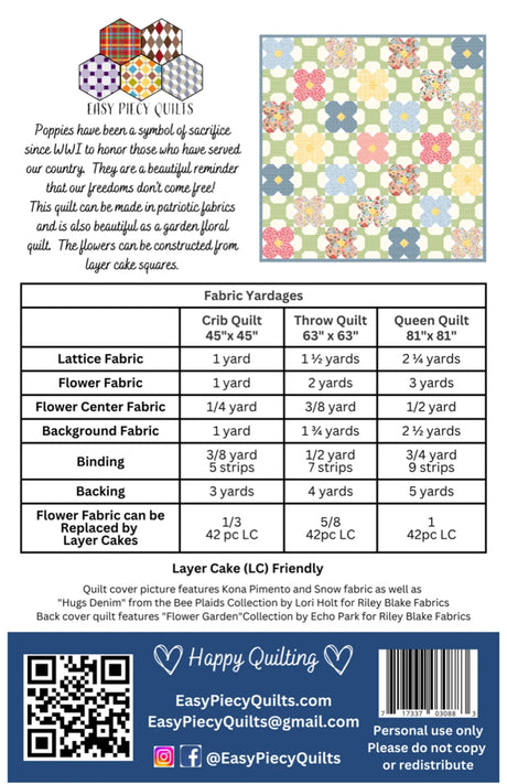 Back of the Poppy Quilt Pattern by Easy Piecy Quilts LLC