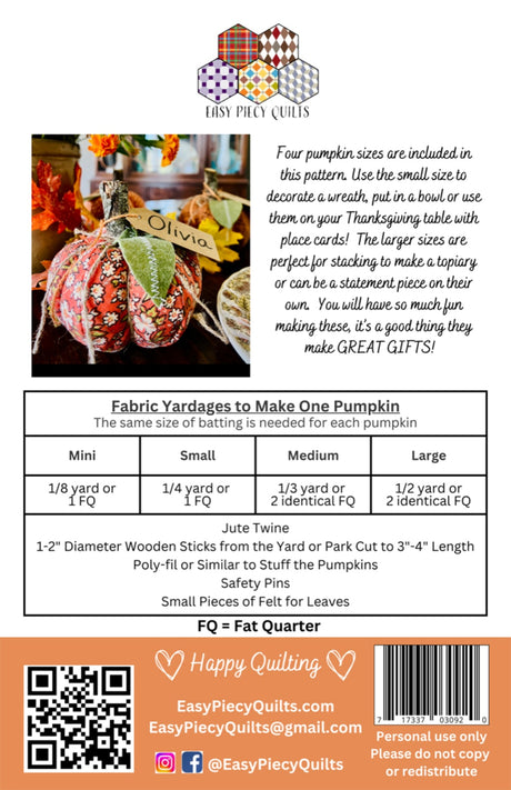 Back of the Quilted Pumpkins Pattern Quilt Pattern by Easy Piecy Quilts LLC