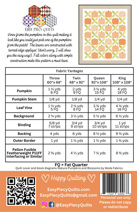 Back of the Pumpkin Vines Quilt Pattern by Easy Piecy Quilts LLC