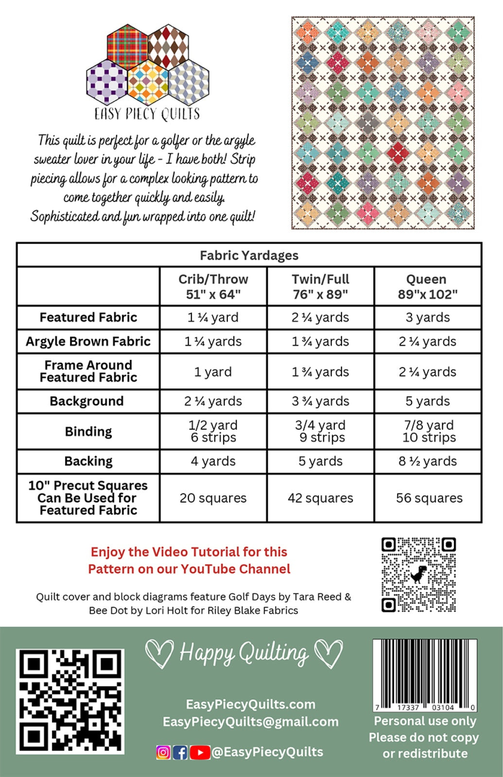 Back of the Match Play Argyle Quilt Pattern by Easy Piecy Quilts LLC