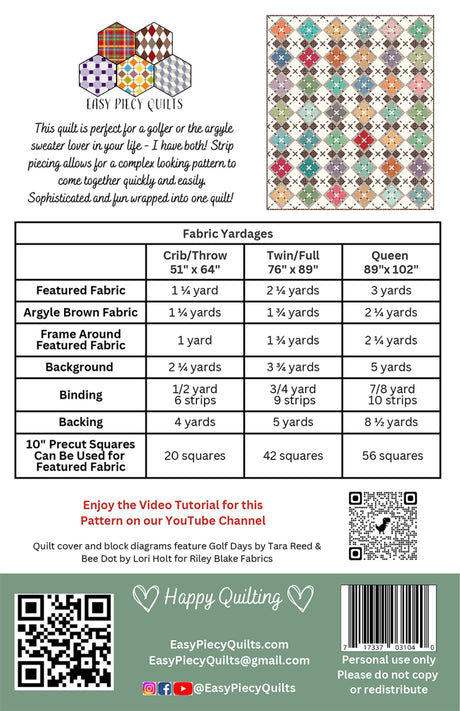 Back of the Match Play Argyle Quilt Pattern by Easy Piecy Quilts LLC