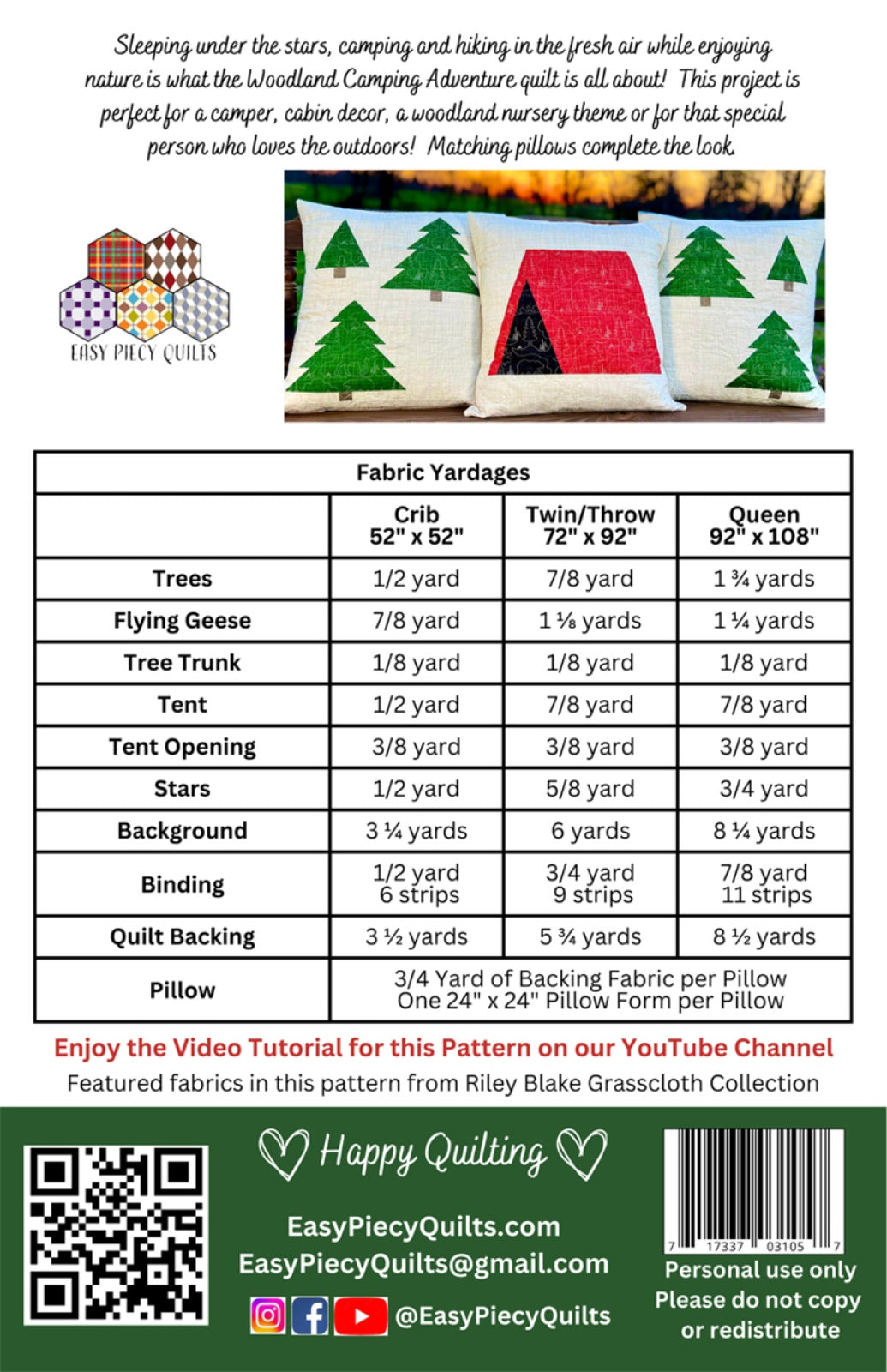 Back of the Woodland Camping Adventure Quilt Pattern by Easy Piecy Quilts LLC
