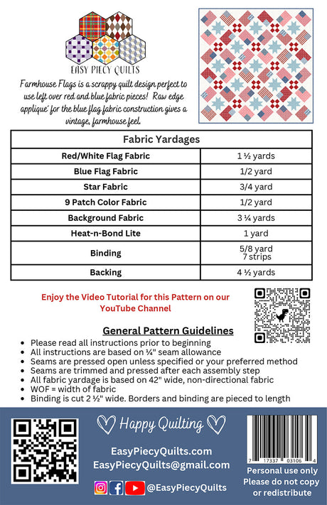 Back of the Farmhouse Flags Quilt Pattern by Easy Piecy Quilts LLC