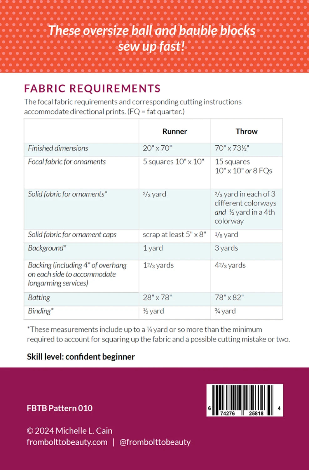 Back of the Ornament Collection Quilt Pattern by From Bolt to Beauty