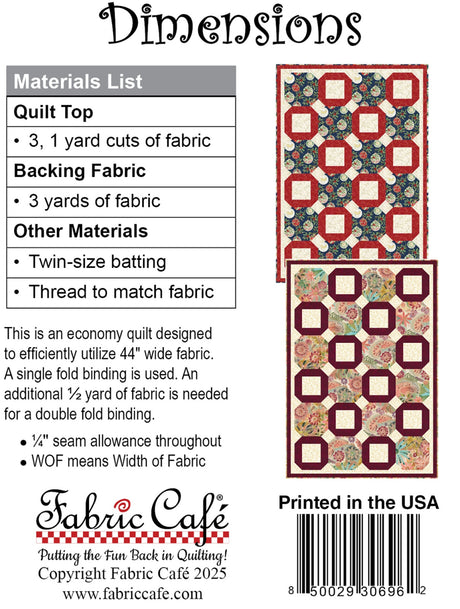 Back of the Dimensions 3-Yard Quilt Pattern by Fabric Cafe
