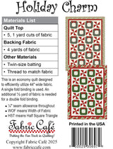 Back of the Holiday Charm 5-Yard Quilt Pattern by Fabric Cafe