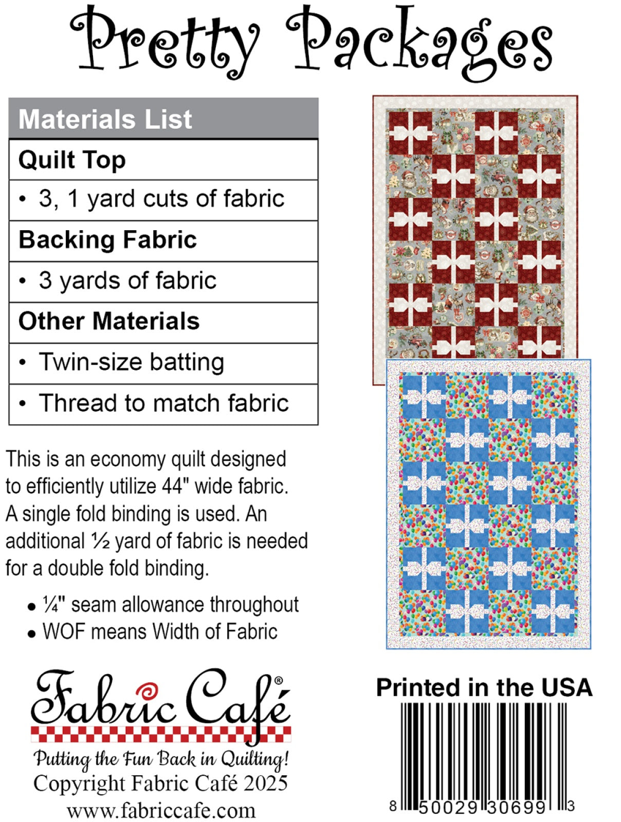 Back of the Pretty Packages 3-Yard Individual Pattern Quilt Pattern by Fabric Cafe