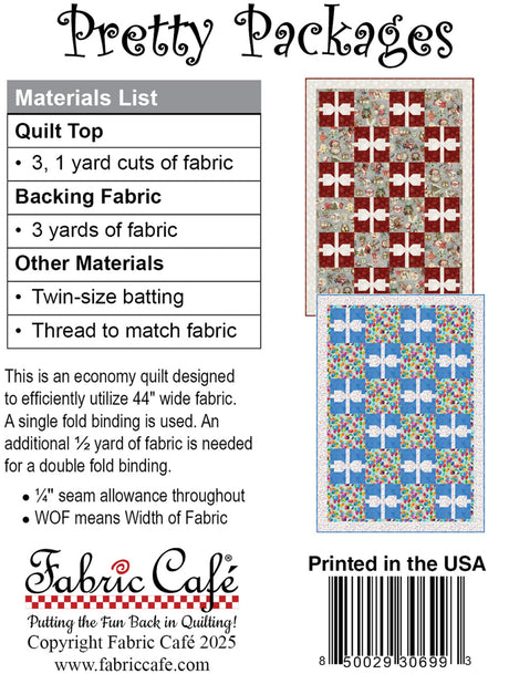 Back of the Pretty Packages 3-Yard Individual Pattern Quilt Pattern by Fabric Cafe