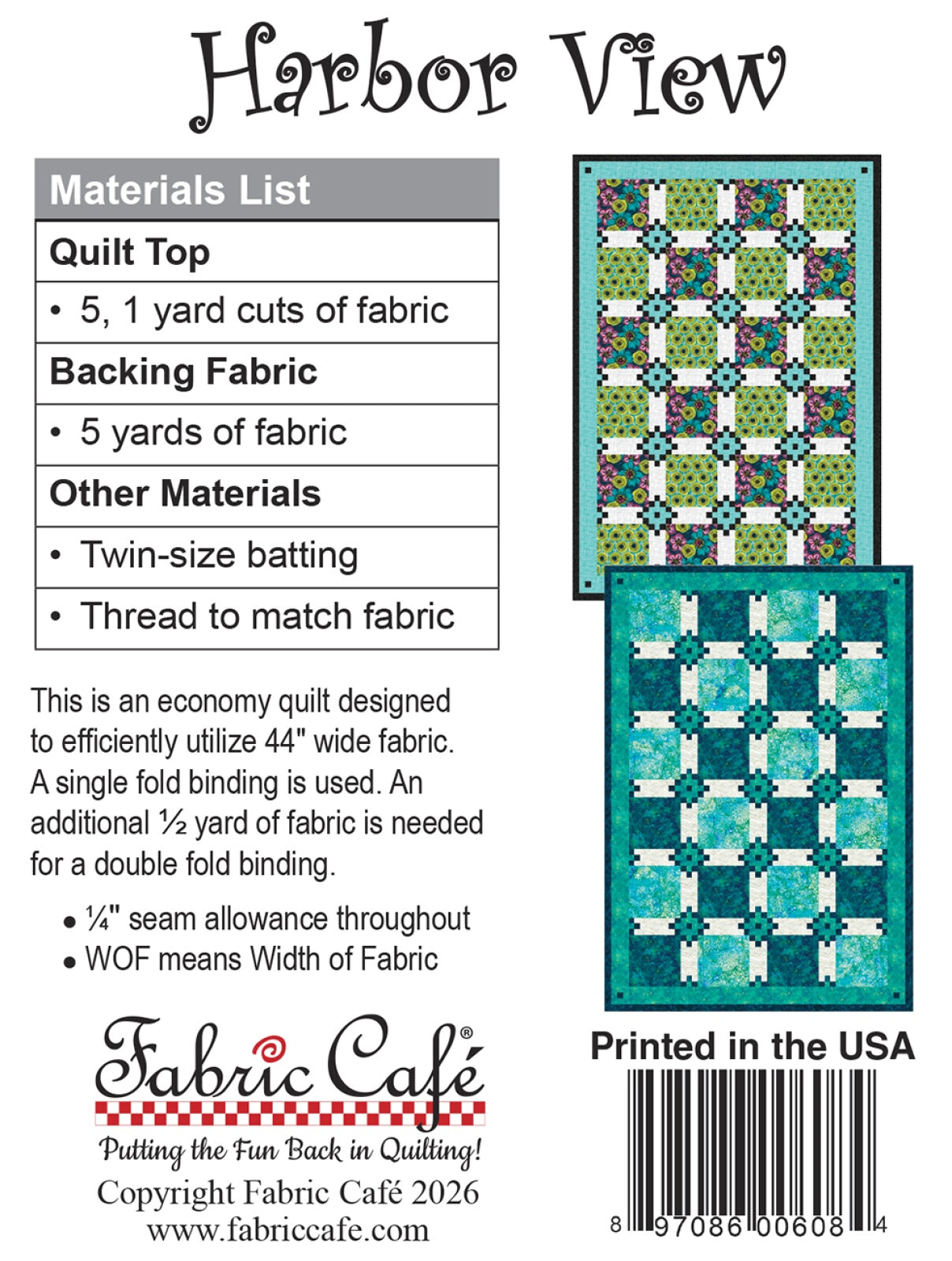 Back of the Harbor View Individual 5-Yard Pattern Quilt Pattern by Fabric Cafe