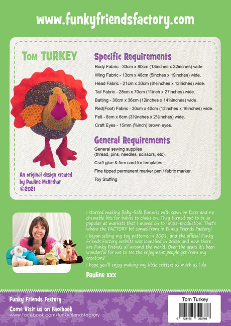 Back of the Tom Turkey Sewing Pattern by Funky Friends Factory
