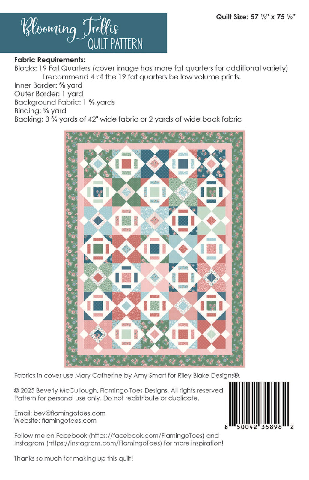 Back of the Blooming Trellis Quilt Pattern by Flamingo Toes